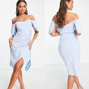 ASOS Blue Sweetheart Off the Shoulder Bardot Midi Dress